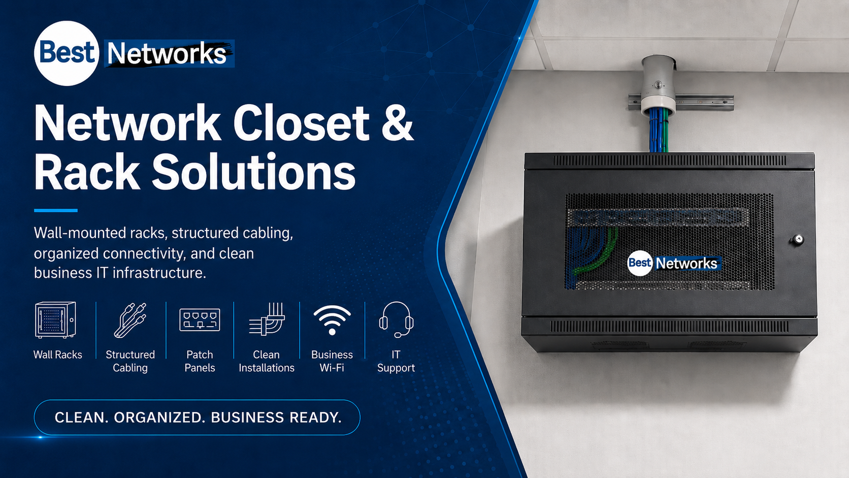 Best Networks wall mounted network rack with organized structured cabling